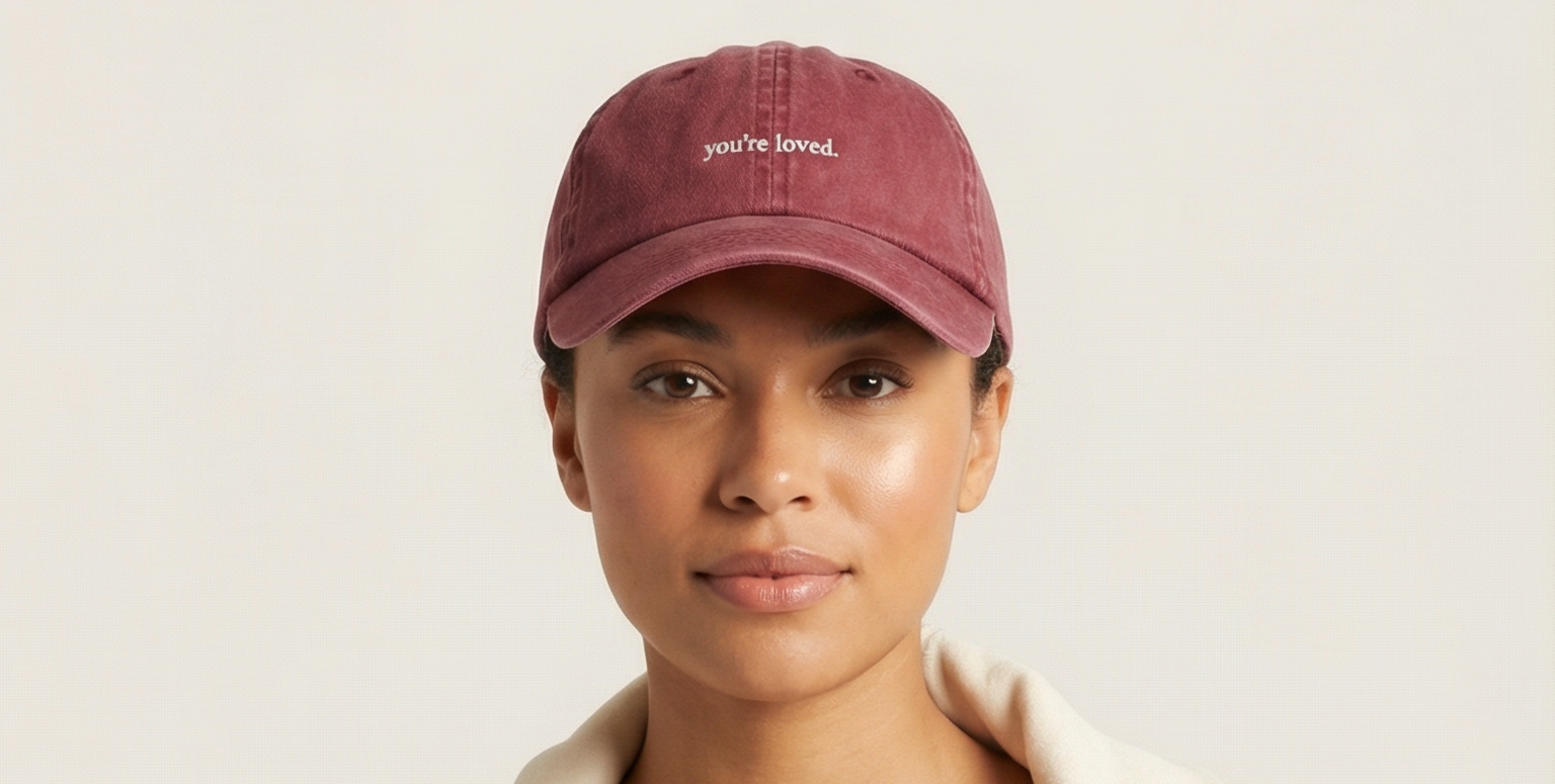 Woman wearing a beige sports bra and leggings with a matching cap on a white background
