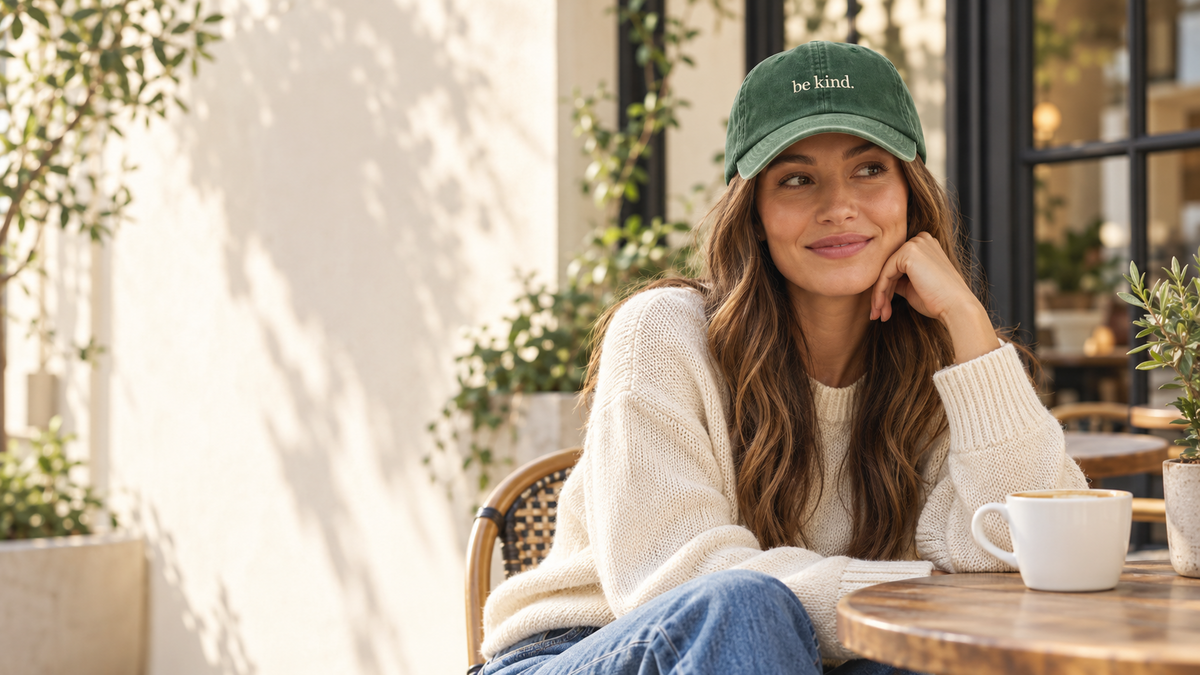 Woman wearing the pine green Be Kind Fika Society hat at a sunlit cafe with a white coffee cup.