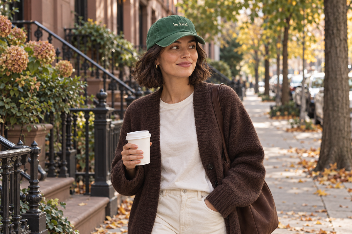 AI-generated Fika editorial: woman wearing a pine Be Kind cap on an autumn coffee walk.