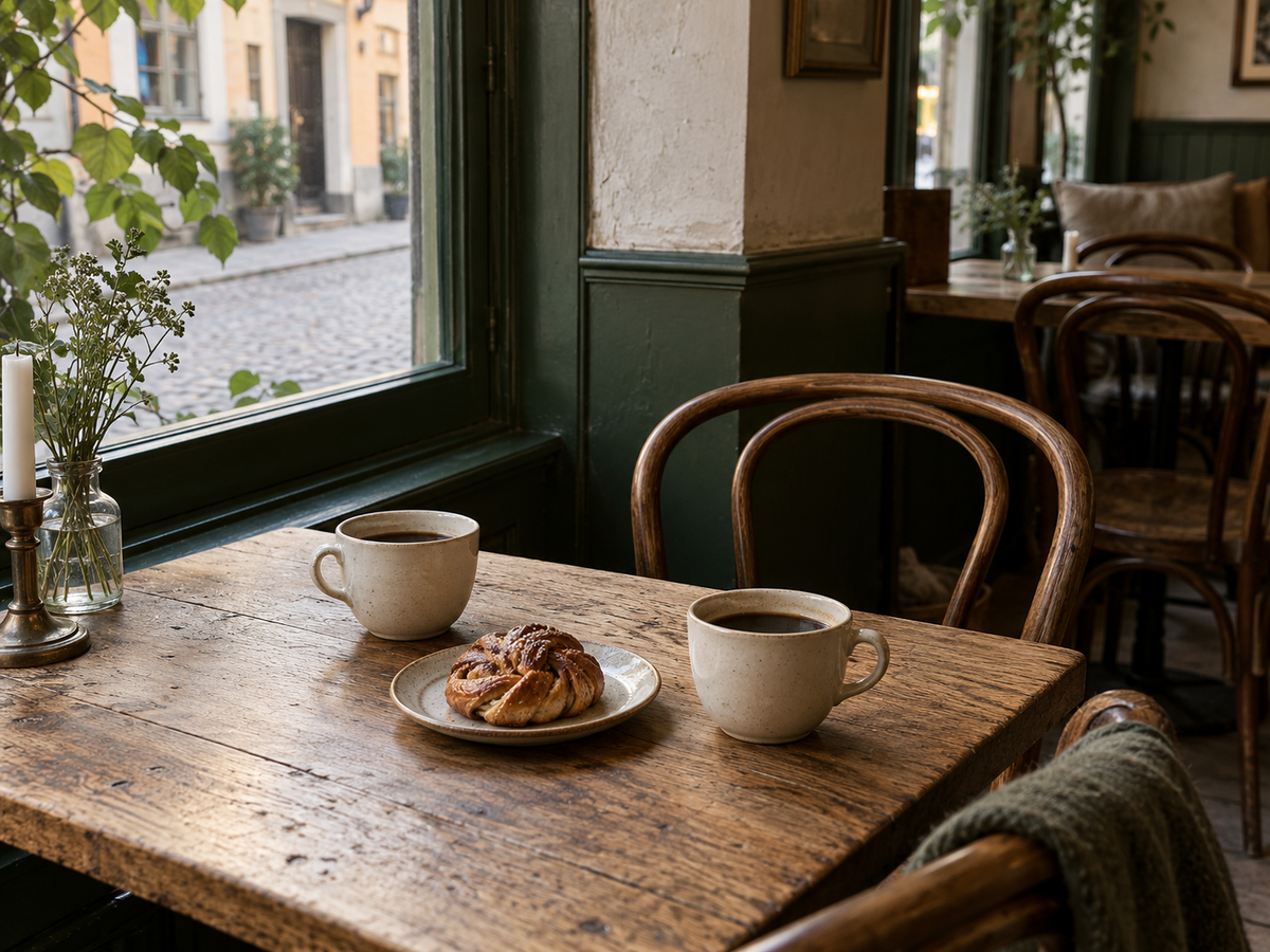 AI-generated Fika editorial: two coffees and a pastry at a quiet Scandinavian-style café.
